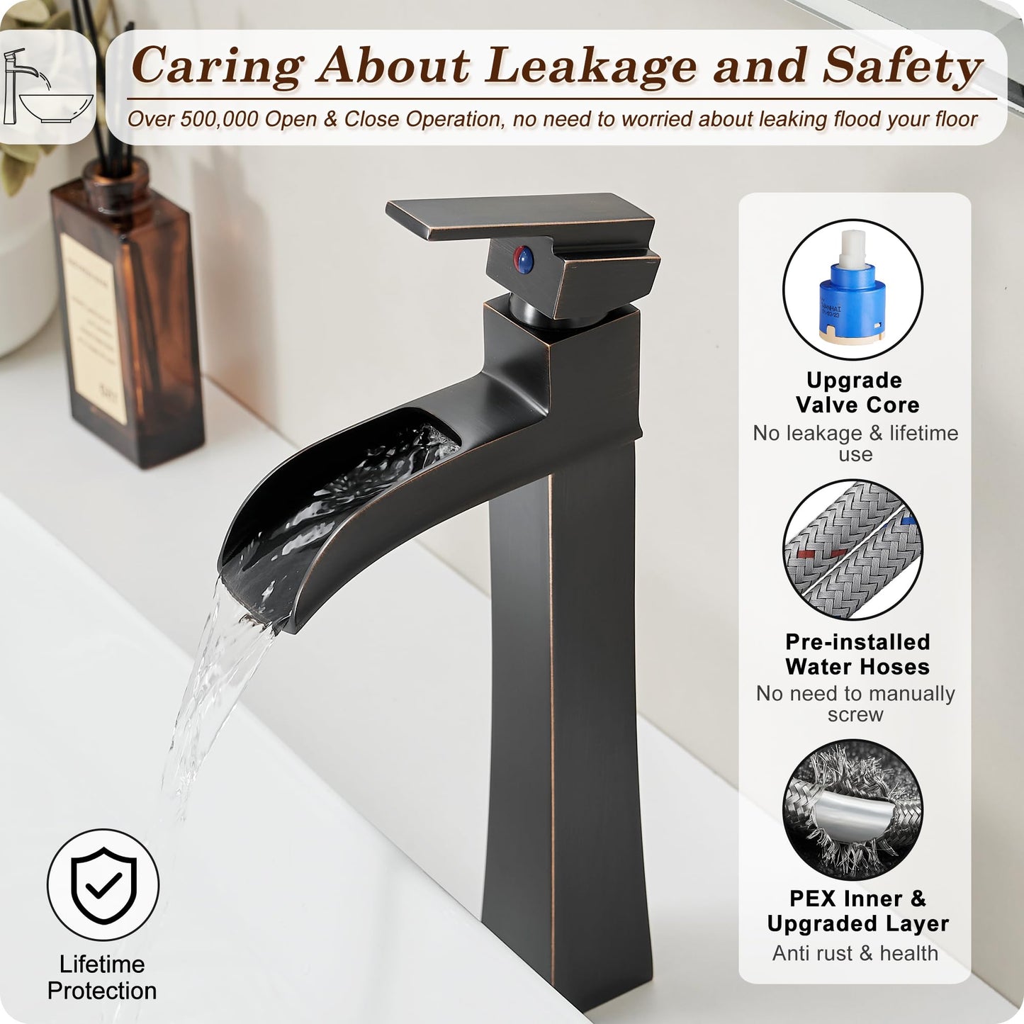 HOIGY Bronze Waterfall Vessel Sink Faucet, Brass 12 Inch Tall Bathroom Faucets Single Hole Single Handle for Bathroom Bowl Sink with Pop-up Drain & Hoses for Vanity Countertop Modern Farmhouse