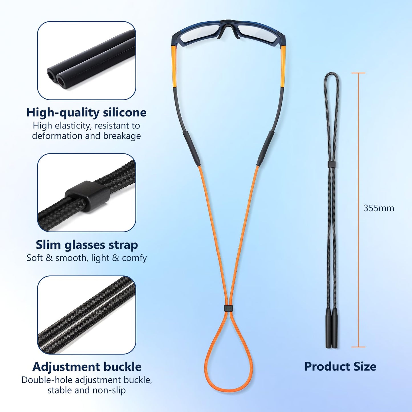 80Days Adjustable Eyeglass Strap: Nylon Retainer for Glasses and Sunglasses with Silicone Grips, Secure Fit