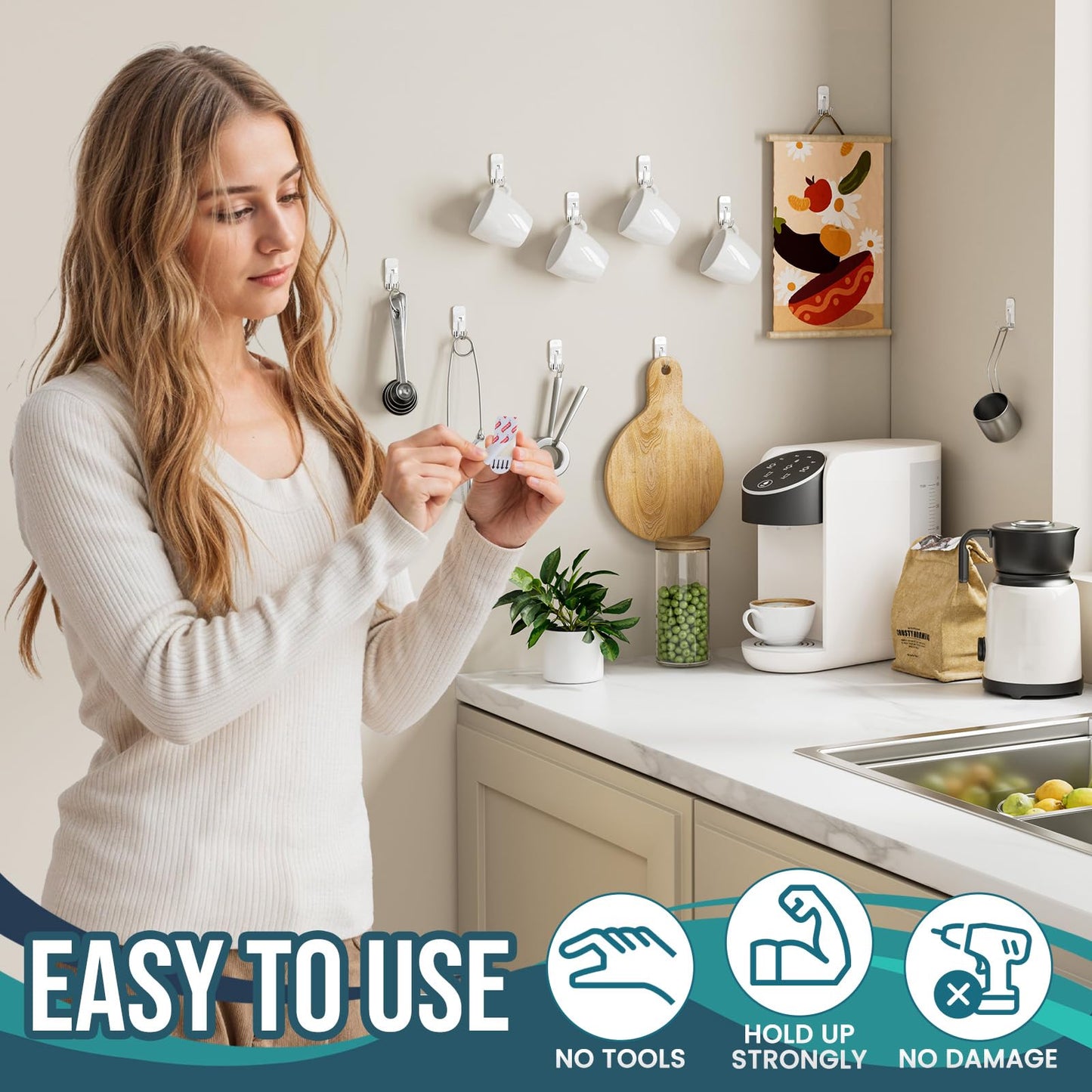 TAILI Damage-Free Hanging Hooks,10 Mini Utility Hooks and 2 Pcs Adhesive Strips, Holds up to 1.1 lb, No Tools Damage-Free Stick on Bathroom or Kitchen for Hanging Decorations,Organization-White