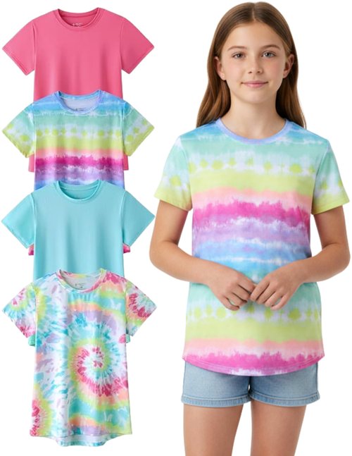 4 Pack: Youth Girls Athletic Shirts, Short Sleeve Dry Fit Apparel Tech Tshirts, Sports Activewear for Kids Teens (Set 6, Youth Small)