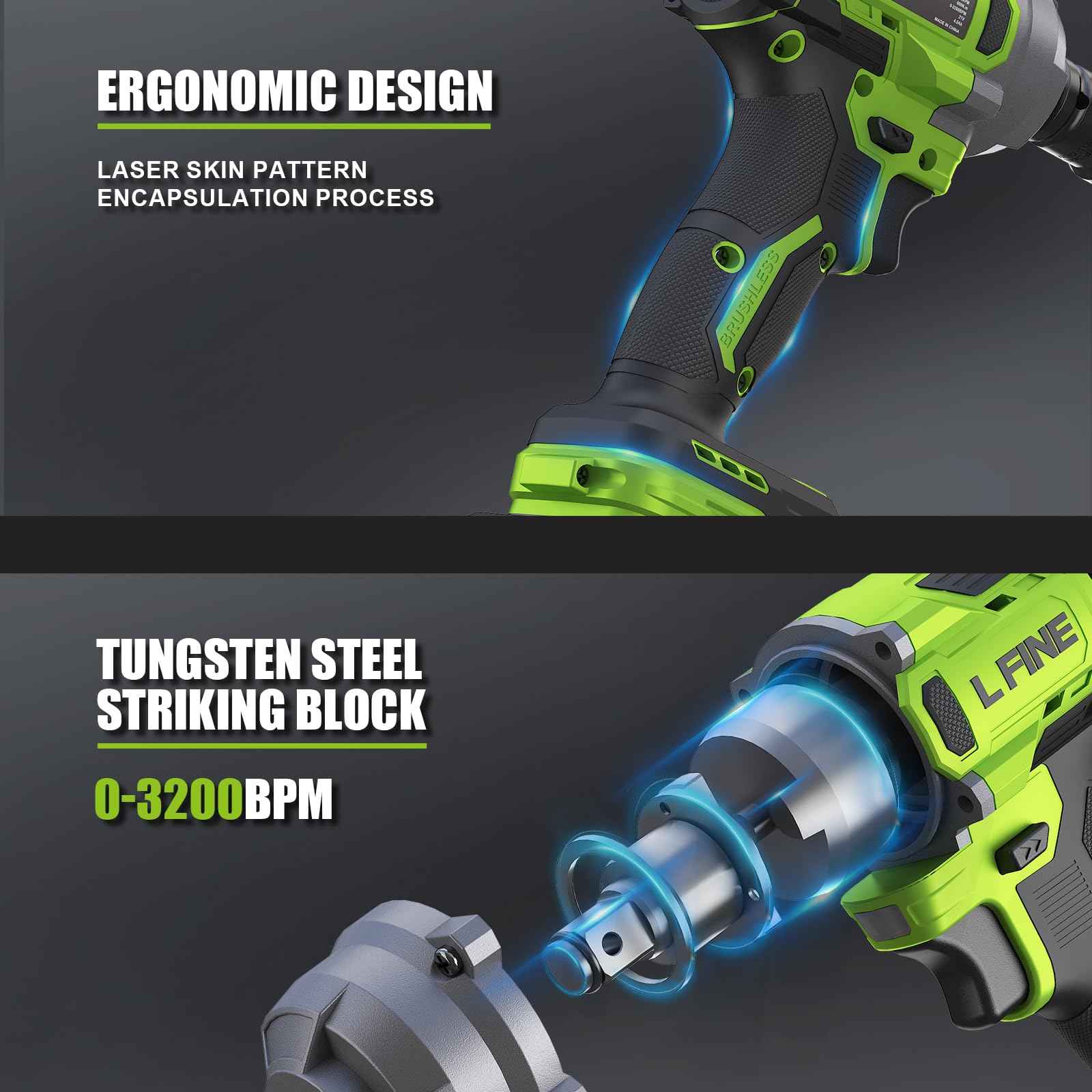 L FINE Cordless Impact Wrench 1/2 inch, 600N.m (405Ft-lbs) Power Impact Drill Kit Tools, 3200RPM High Torque Brushless Motor Impact Driver, 2 x 4.0Ah Battery, 5 Sockets, Charger, Electric Impact Gun