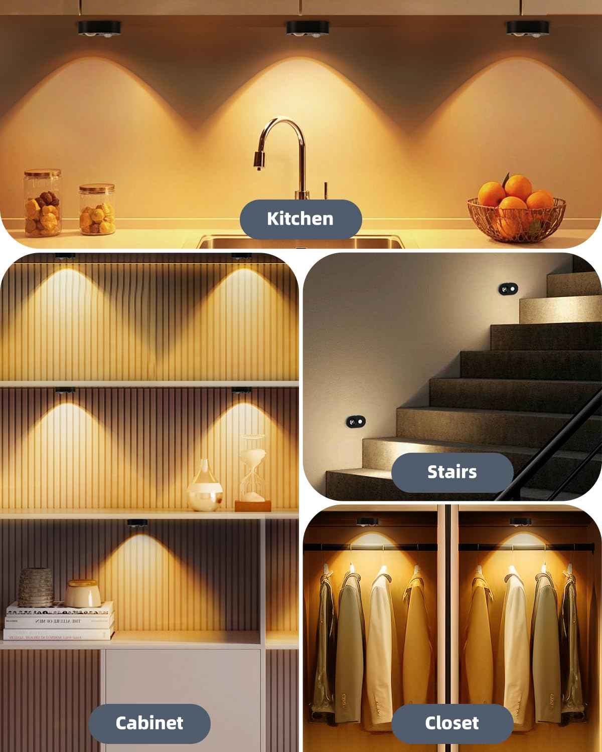 Yiliaw LED Motion Sensor Puck Lights Indoor, Small Rechargeable Under Cabinet Lighting, Dimmable Warm White Closet Lights, Stick on Wireless Night Light for Drawer, Shelf, Kitchen, Black (3 Pack)