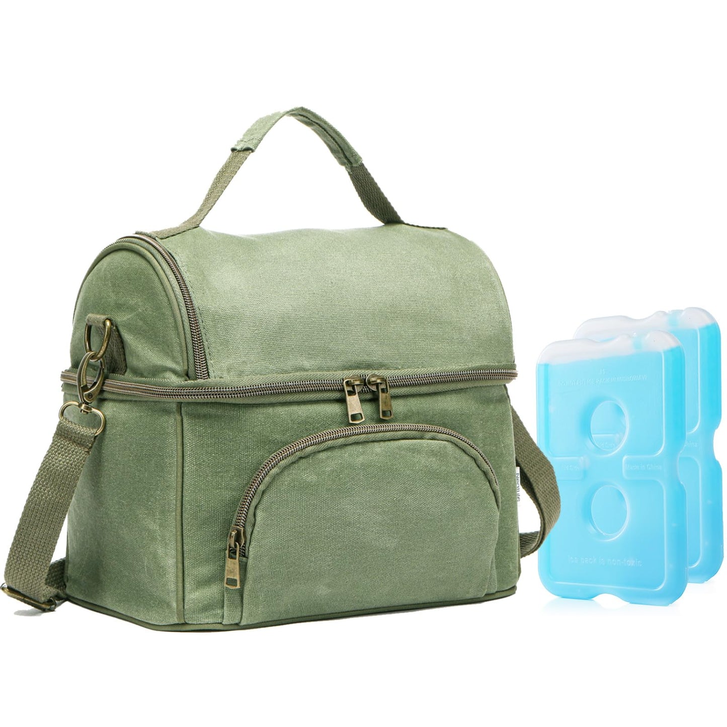 neatlife Men's London Green Lunch Box for Work with 2 XL Ice Packs, Sturdy Waxed Canvas Insulated Adult Lunch Bag, 2 Compartment 10.5L Soft Cooler Bag For Work, Picnic, Travel, Outdoors