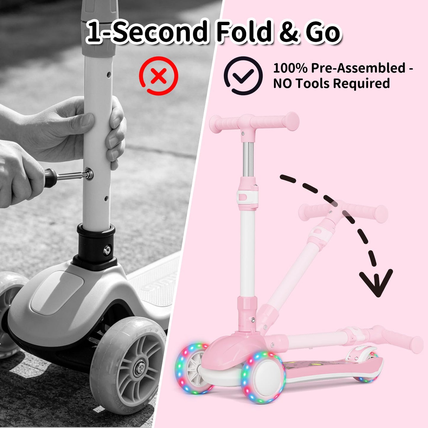 3 Wheel Scooter for Kids Ages 3+, Folding Toddler Scooter, Battery Free LED Light Up Wheels, 4 Adjustable Heights, Lean to Steer, Smooth Gliding Outdoor Ride, for Boys Girls