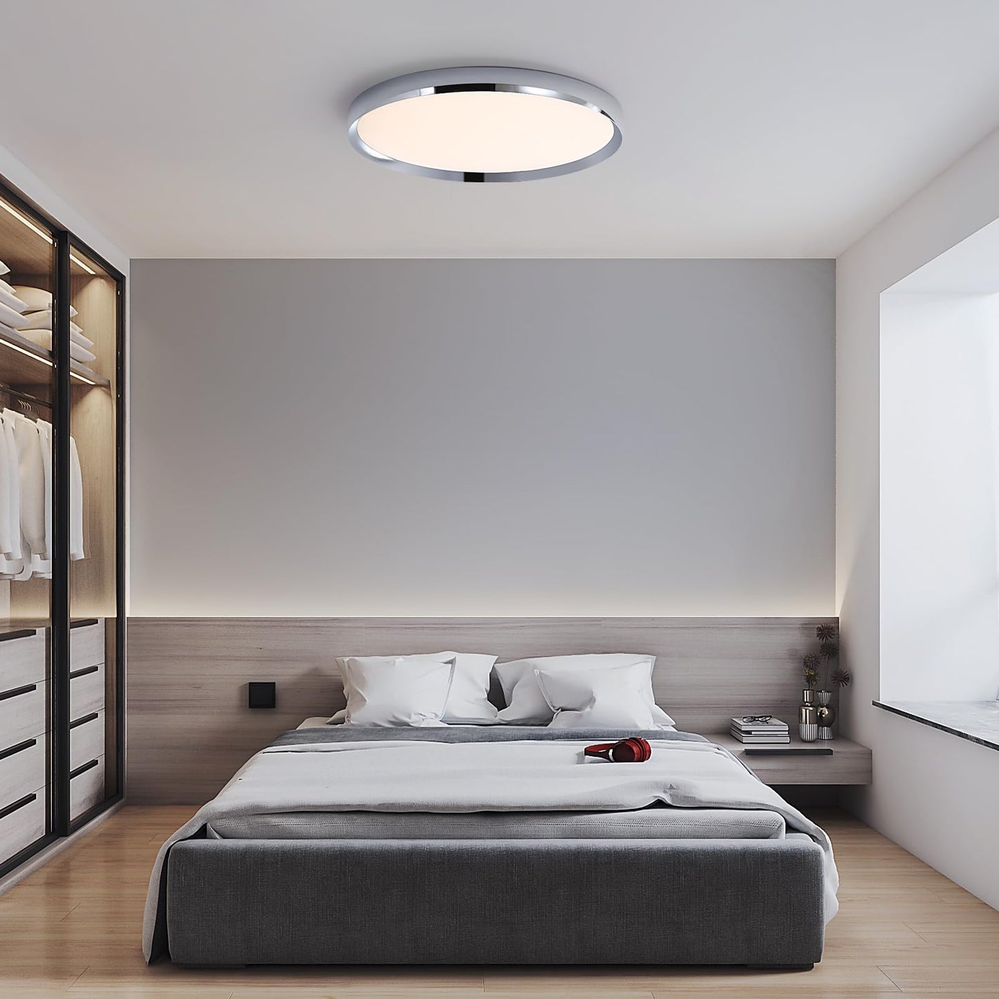 Fordeson Modern Bathroom LED Ceiling Light, 19inch Chrome Round Flush Mount Ceiling Light, Dimmable 3000K-6000K, 40W, Ultra-Thin Minimalist Office Lighting for Living Room, Bedroom, Kitchen, Hallway