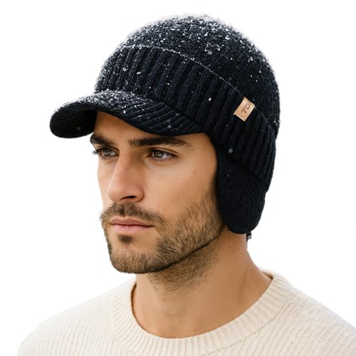 TOP-EX Waterproof Merino Wool Visor Brimed Beanie with Ear Warmers Mens Large Winter Hat Warm Fleece Lined for Cold Weather Ski Black M/L