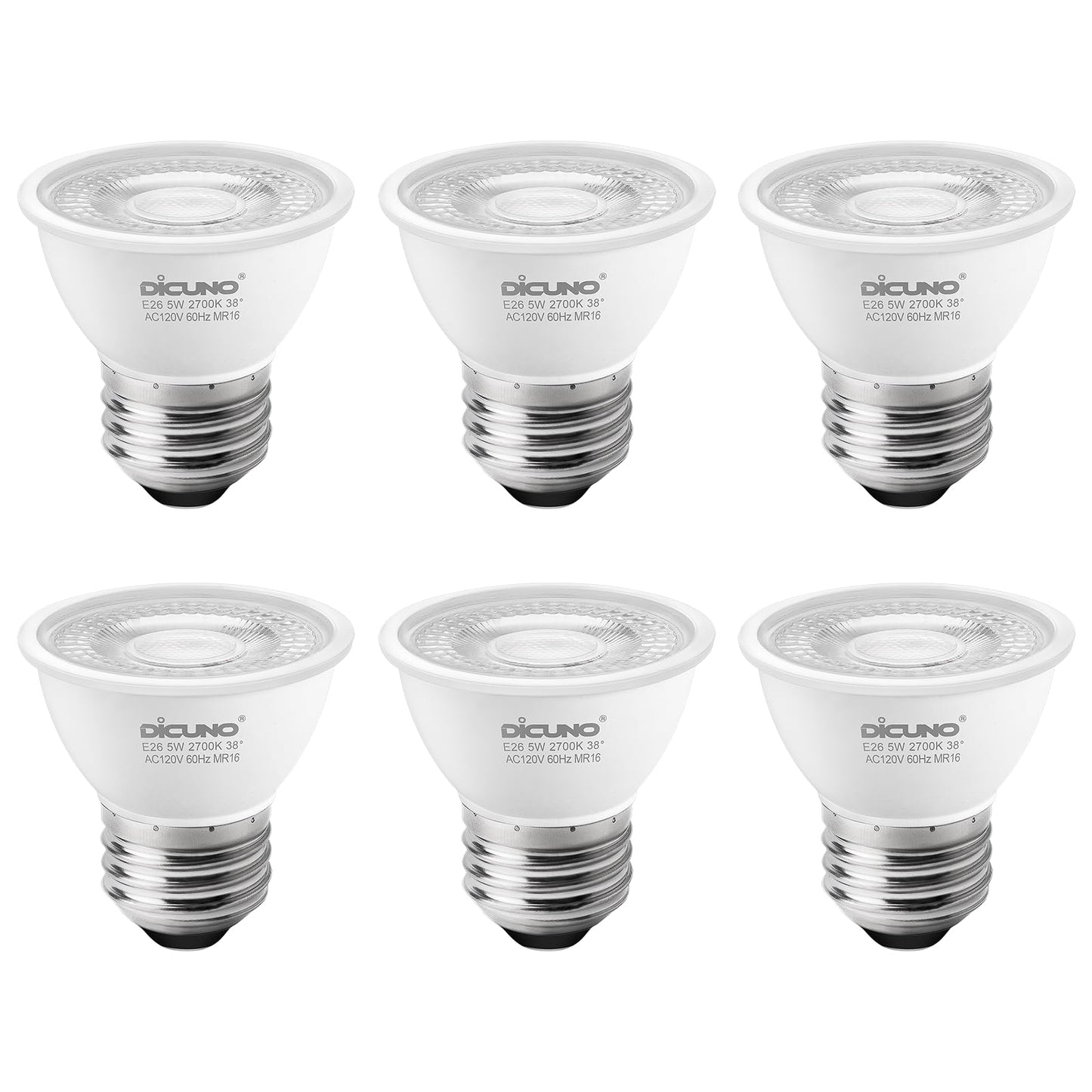 DiCUNO PAR16 LED Bulb Dimmable, 5W Short Neck Spotlight Bulb, 550Lumen, 38° Beam Angle, Warm White 2700K, 50W Equivalent E26 LED for Recessed Light, Curio Cabinet, Pack of 6