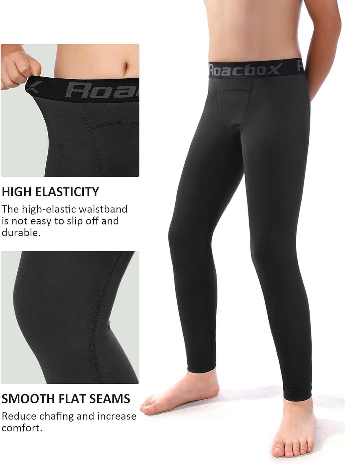 Roadbox Boys Compression Pants - Quick-Dry Spandex Leggings for Youth | 2-Pack Running & Football Tights