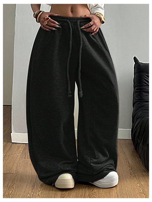 GORGLITTER Women's Y2K Baggy Sweatpants Wide Leg Barrel Pants Elastic Waist Oversized Drawstring Sweats Black X-Large