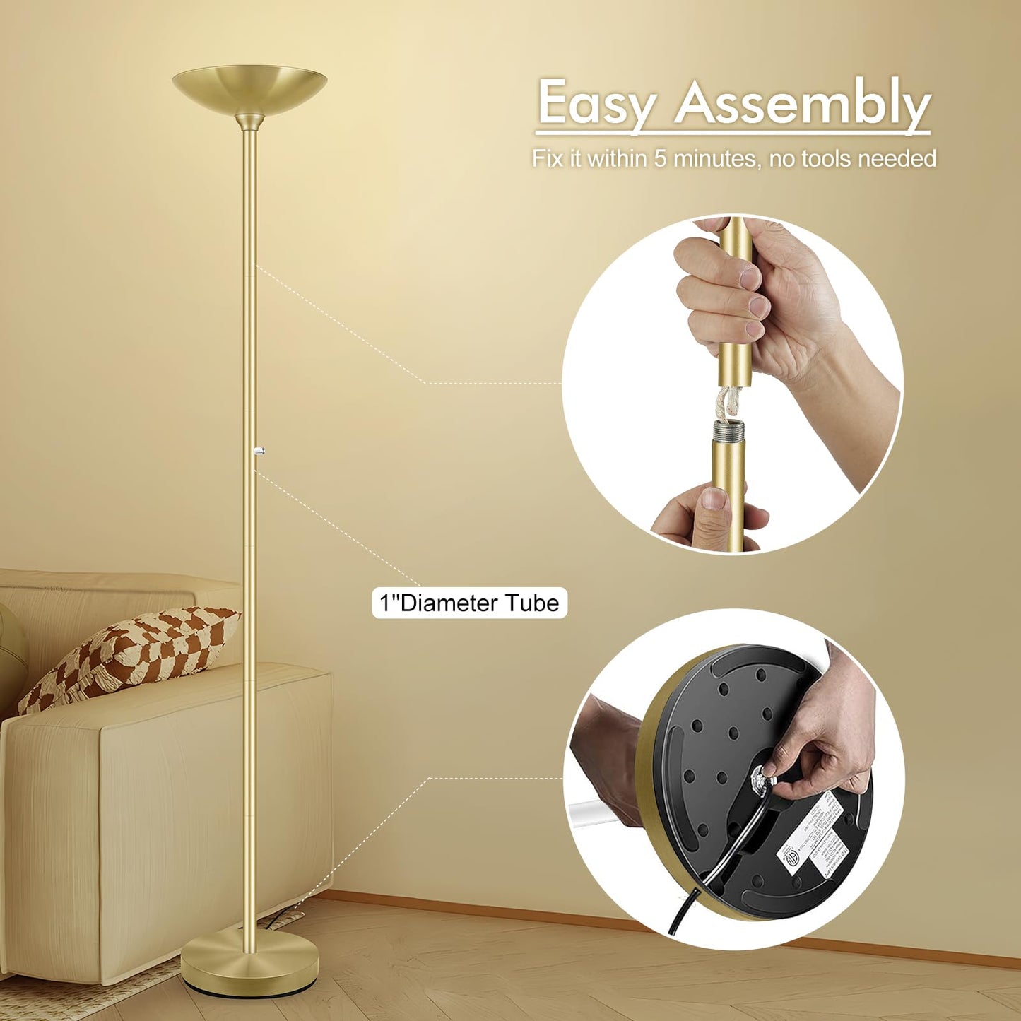 30W Torchiere Floor Lamp Gold, 3600LM Bright Stepless Dimmable Floor Lamp, 71 Inch LED Standing Lamp 3000K, Rotary Switch, I Inch Thick Pole, Tall Metal Torch Floor lamps for Living Room/Bedroom/Den