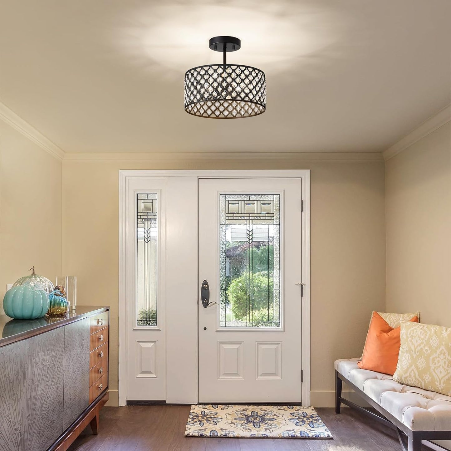 Modern Black Crystal Semi Flush Mount Ceiling Light Fixture - 11.2" Round Chandelier for Dining Room, Hallway, Kitchen & Bedroom