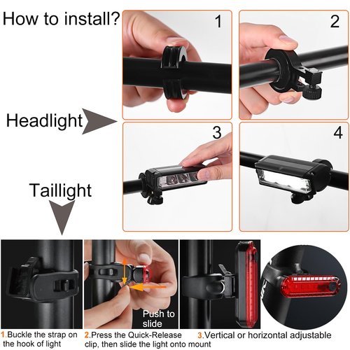 Bike Light Set for Night Riding,Bright Rechargeable Bicycle Headlight Set High Beam Low Beam,USB LED Bicycle Light,Waterproof Bike Headlight and Taillight for Adult Kid Mountain
