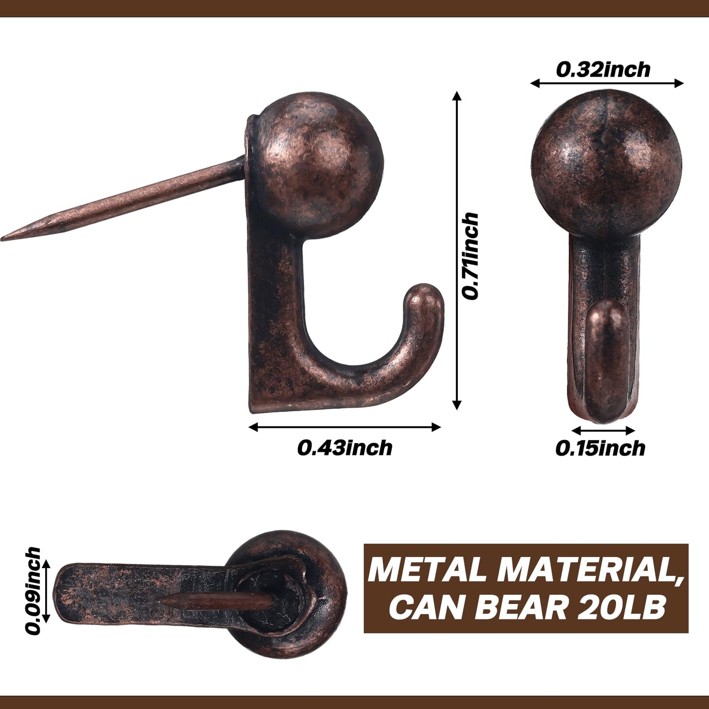 Jetec 30 Pieces Metal Push Pin Hangers Pin Wall Hooks Picture Hanging Picture Nails Frame Oil Painting Hooks on Wooden or Fabric Wall for Home or Office (Bronze)