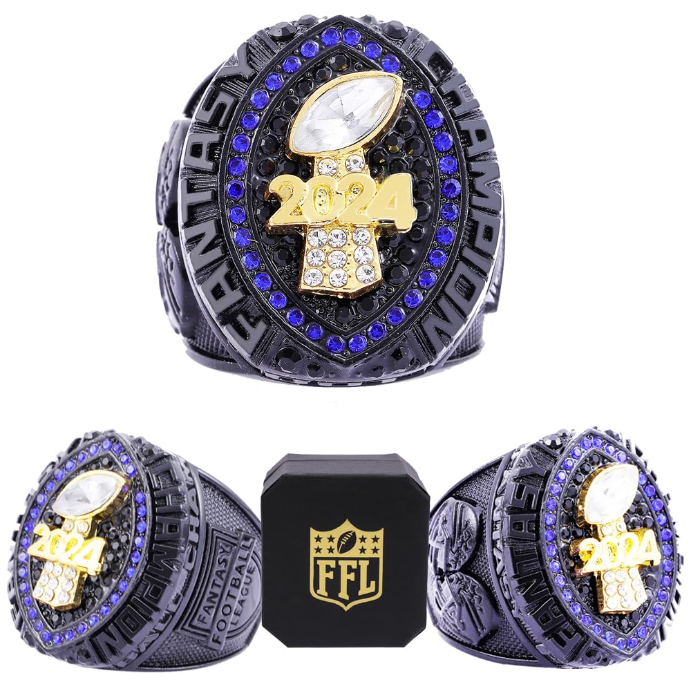noblehead 2024 Fantasy Football Ring | Heavy FFL Champion Ring | Gold Silver Tone Plated Award Trophy for Fantasy Football League Winner (size 13)