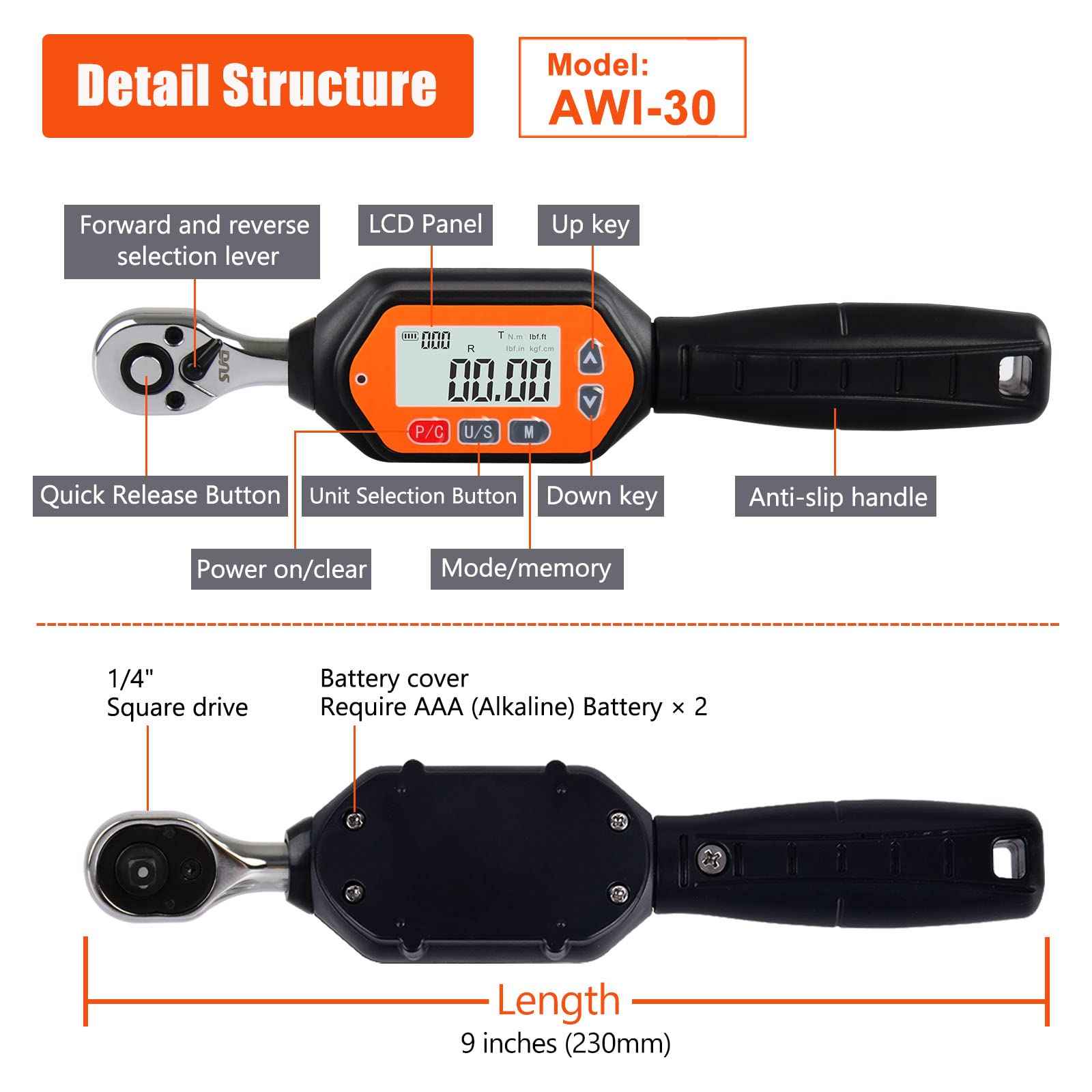 SUGPV Mini Digital Torque Wrench - 1/4-inch Drive with Buzzer & LED, 0.9-30 Nm, High-Precision Electronic Tool for Bike & Car Repairs, Calibrated for Reliability