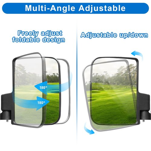 Golf Cart Side Mirrors, No Drilling for EZGO Club Car Yamaha Golf Cart and Others, Fit 3/4, 1.0 and 1 1/4-inch Square Strut, Folding Side Rear View Mirrors Adjustable 180 Degree HD Glass