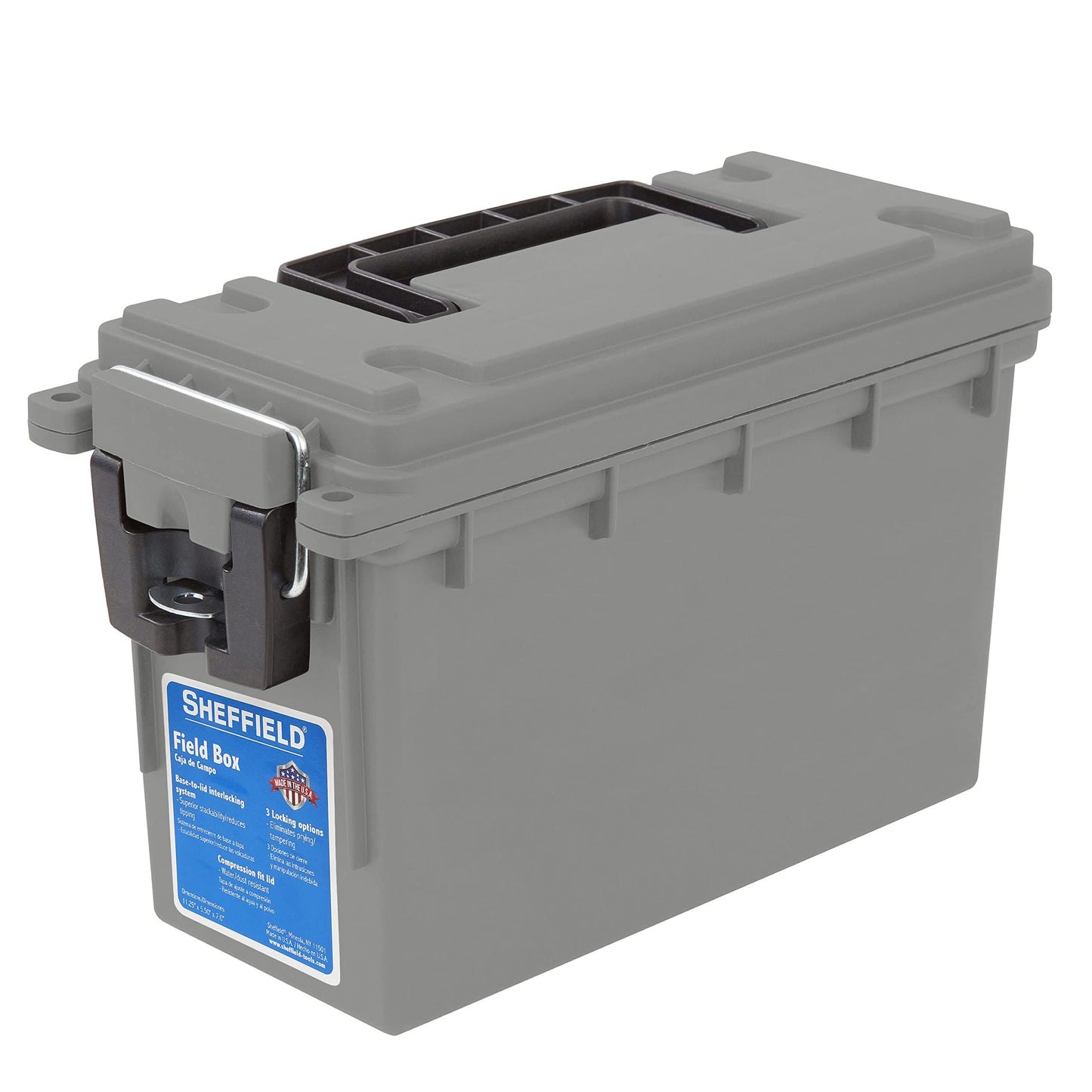 Sheffield Ammo Box Made in USA, Stackable Lockable Ammo Storage Box, Gray