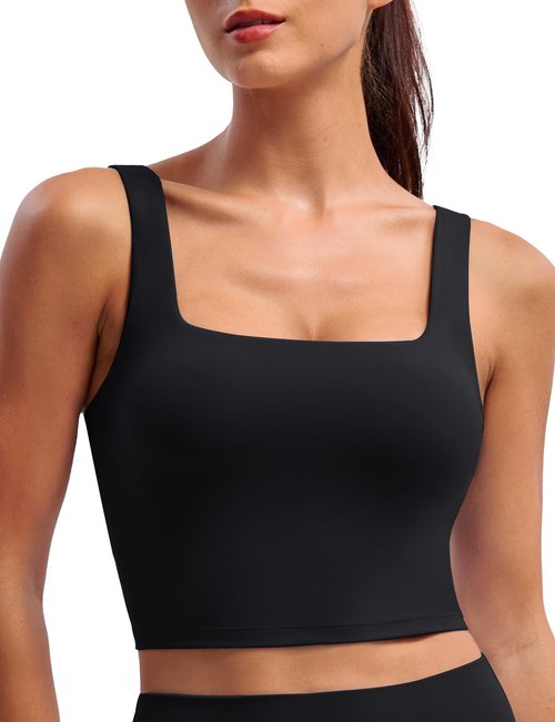 BAYDI Clouduxi Square Neck Sports Bras for Women - Padded Workout Tops with Built-in Bra U Back Gym Yoga Crop Tank Top Black