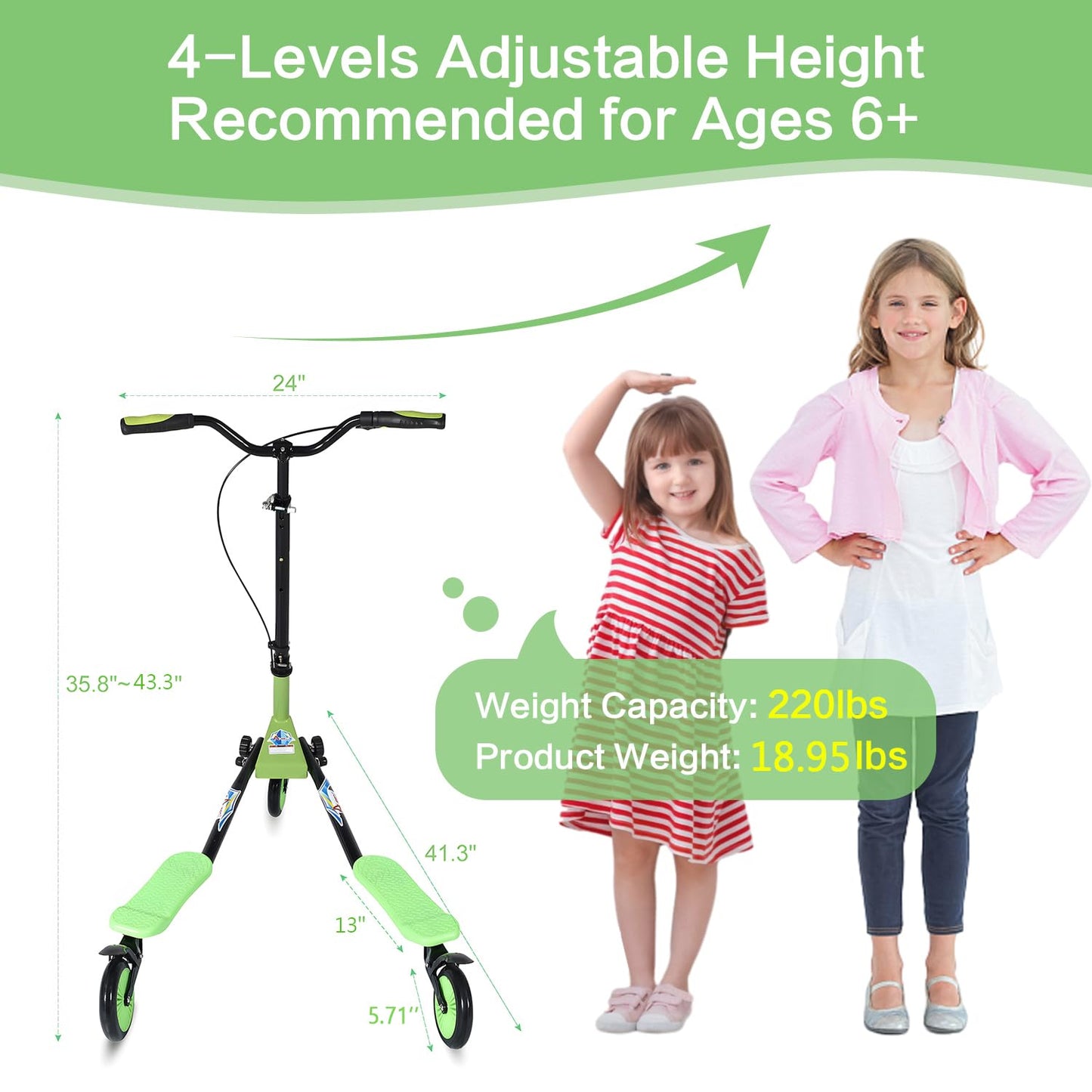 AODI Swing Wiggle Scooter, 3 Wheels Drifting Folding Kick Scooter with 4-Level Adjustable Height/Foldable for Kids/Woman/Men Age 6+ Years Old