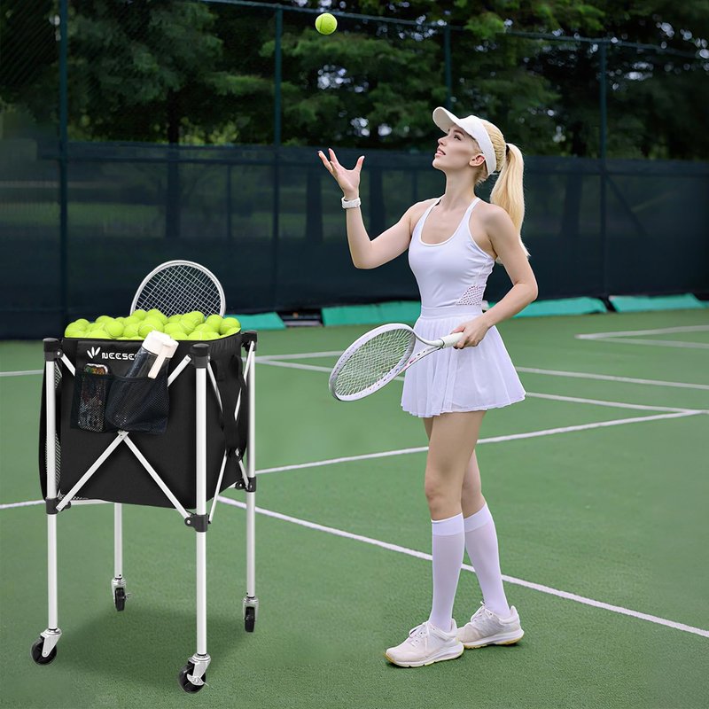 NEESEEYEE Sturdy Pickleball Tennis Ball Hopper - Foldable Lightweight Tennis Cart Holds 240 Tennis/180 Pickleballs with Removable Bag, Wheels, Side Pocket for Training/Teaching