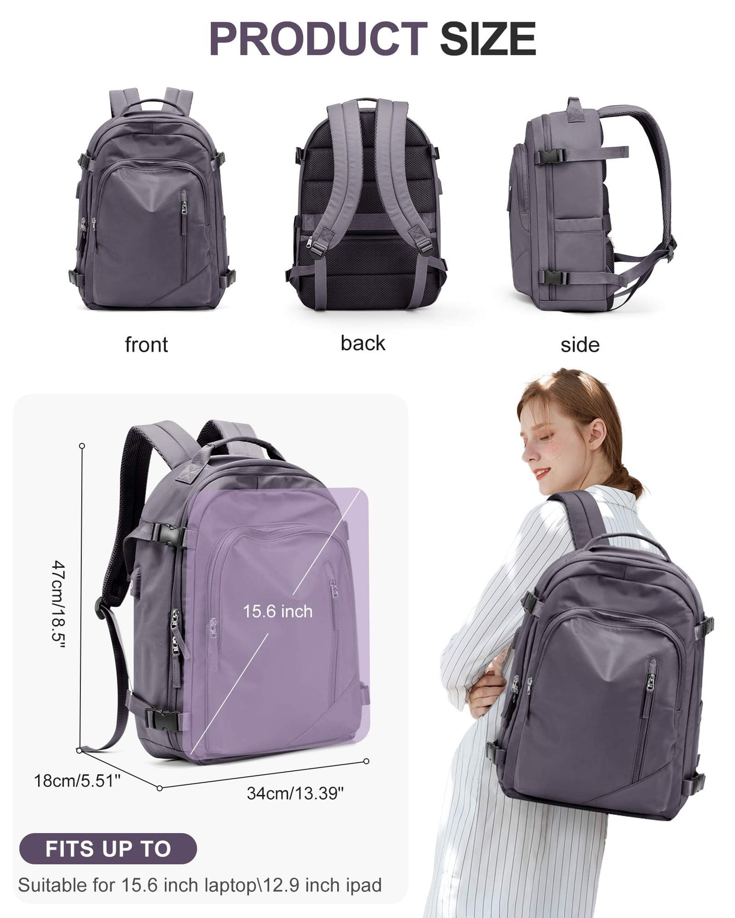 BJLFS Large Travel Backpack for Women Men,Carry On Backpack,Hiking Backpack Waterproof Outdoor Sports Rucksack Casual Work Gym Weekender Daypack Travel Essentials（simple, Purple）