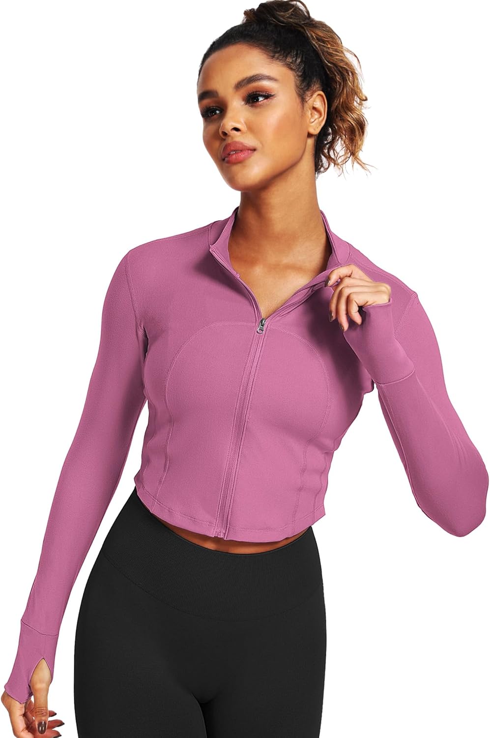 CADMUS Butterluxe Women's Workout Jacket - Long Sleeve Full Zip Slim Fit Crop Top with Thumb Holes for Running