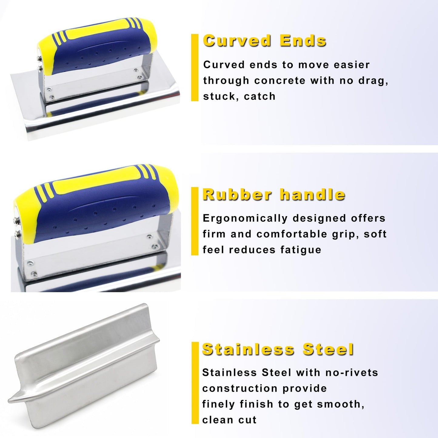 Concrete Tools Set 3 PC Stainless Steel Flat Finishing Trowel (11" x 4") plus Concrete Edger (6" x 3", 1/2"R) and Groover (6" x 3", 1/2"W,1/2"D) Stucco Cement Kit Masonry Construction Hand Kit