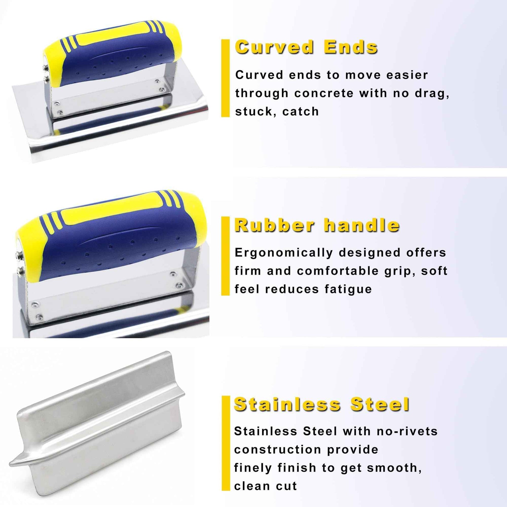 Concrete Tools Set Stainless Steel Pool Trowel (11" x 4") plus Concrete Edger (6" x 3", 1/2"R) and Groover (6" x 3", 1/2"W,1/2"D) Stucco Cement Finishing Masonry Construction Hand Kit