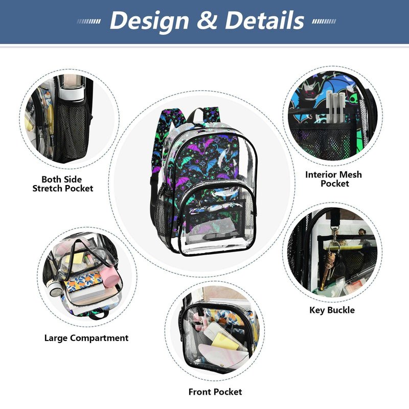 PJGINUIUA Psychedelic Bats Print Clear Backpack Lightweight Large Capacity See Through Bookbag Transparent Daypack Bag, 12L