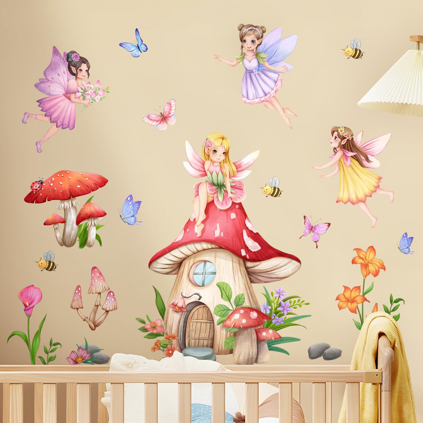 Supzone Mushroom House Fairy Wall Decals Elf Flowers Butterflies Wall Stickers Peel and Stick Vinyl Wall Art Decor for Girls Baby Nursery Bedroom Living Room