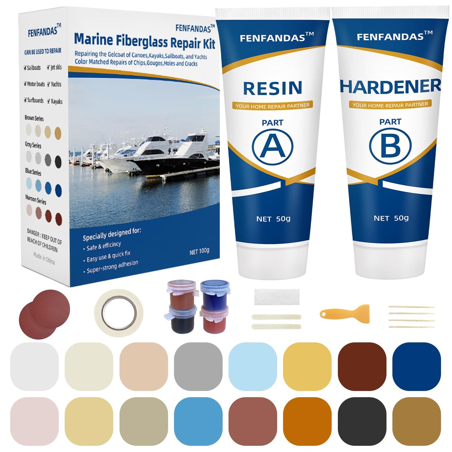 FENFANDAS Fiberglass Boat Repair Kit, Marine Fiberglass Repair Kit for Boats, Gel Coat Repair Kit for Boats, Epoxy Filler for Boats, Fiberglass Repair Kit Fix Holes Chips Pits Cracks (Color Match)