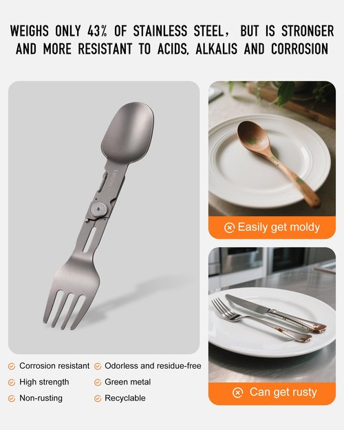 Titanium Spork 3 in 1 Folding Camping Fork and Spoon, Ultra Lightweight Camping Utensil with Locking Function, Travel Fork Spoon Combo Eco-Friendly for Outdoor/Backpacking