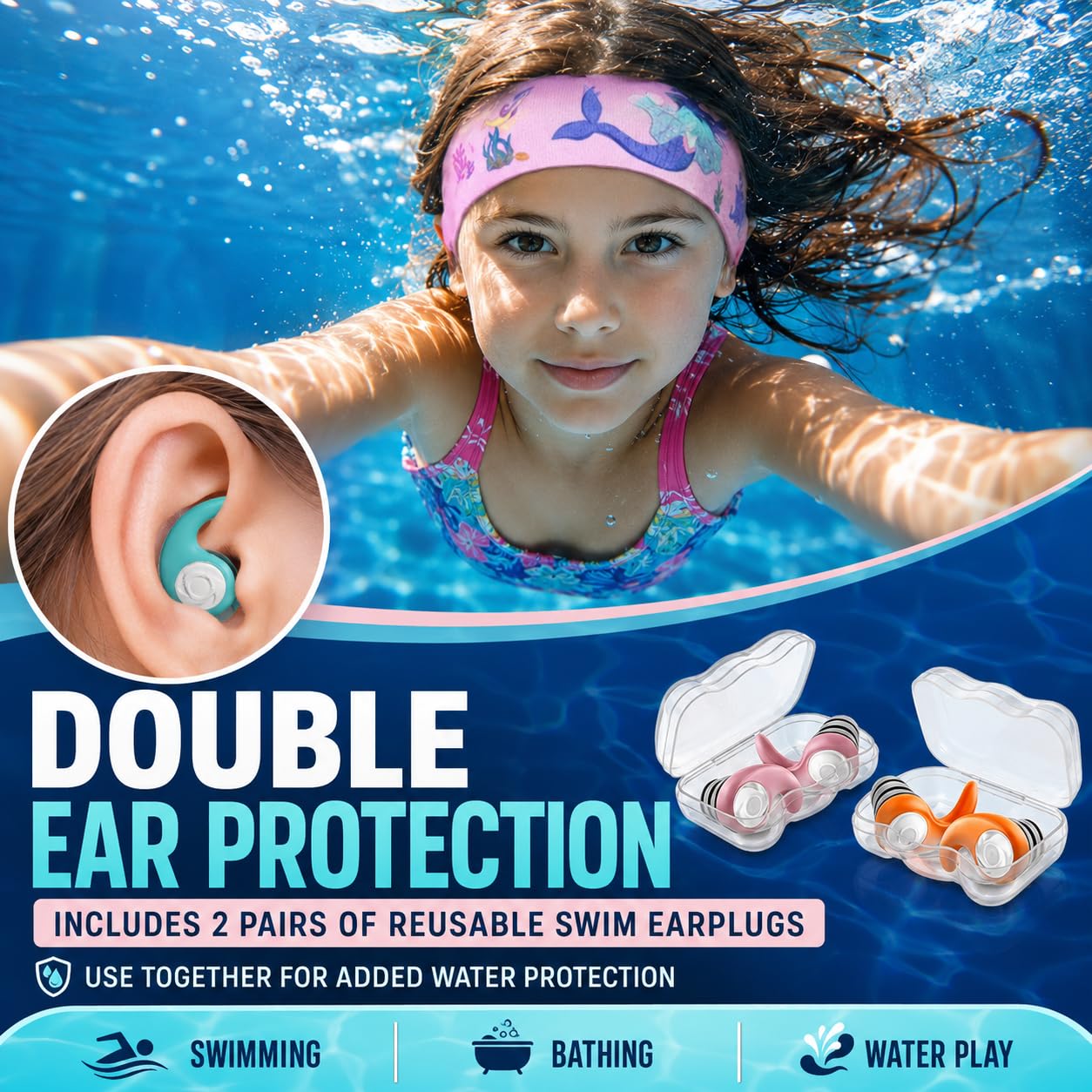 Swimming Headband for Kids - 2 Pairs Waterproof Ear Plugs & Adjustable Swim Ear Band,Keep Water Out and Hold Earplugs in - Water Headband for Surfing, Diving, Pool, Showering, and Beach