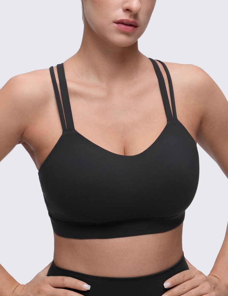 CRZ YOGA Softness Mold Butterluxe D/DD Cup Longline Sports Bras for Women - Supportive Double Straps Cross Back Yoga Top Black Large