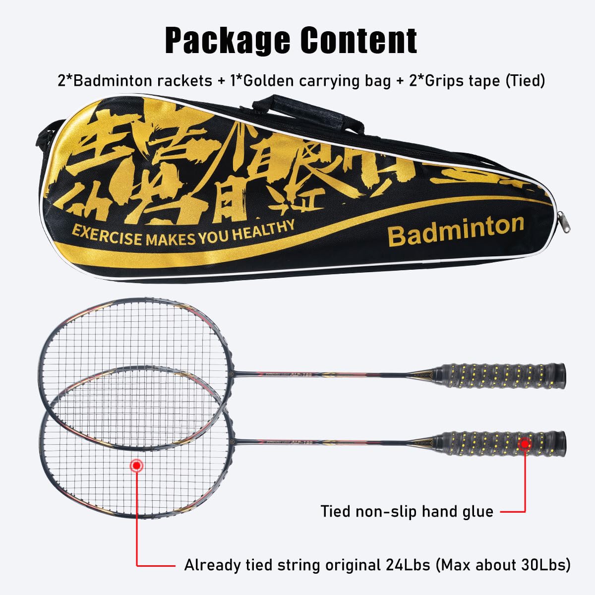 ALPSPORT ALP-188 Air 10U G5 Super Light Professional Full Carbon Fiber Badminton Rackets Set of 2, Graphite Padel Badminton Racquets for Outdoor Backyard Sports Including 1 Carrying Bag (Black)