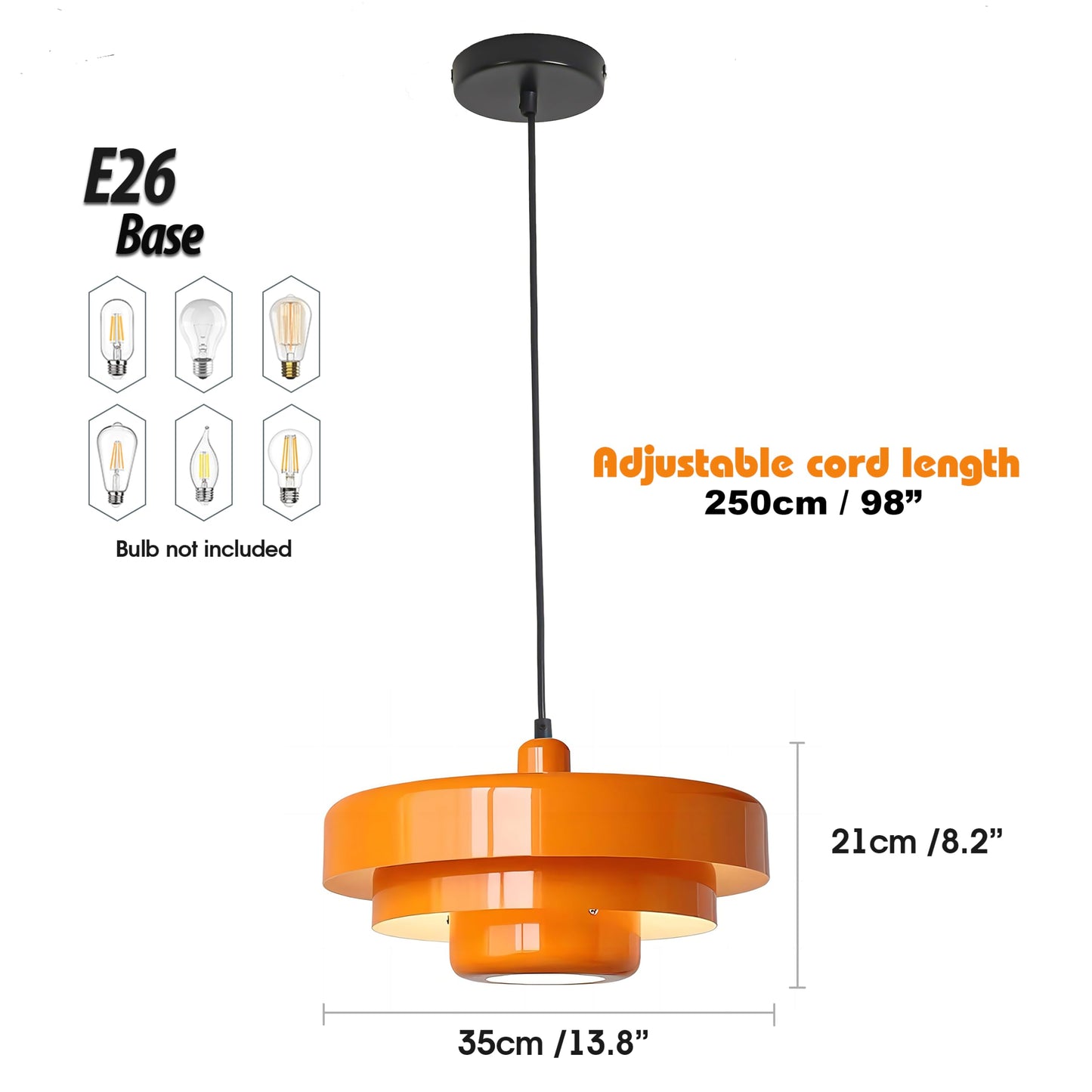 FCTWAKS Mid Century Pendant Light Fixtures 13.78 inch, 1 - Light Ceiling Pendant Lamp with 3-Layer Metal Shade, Height Adjustable, Vintage Orange Hanging Lamp for Kitchen Island Lighting,Dining Room
