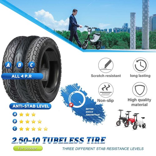 2.50-10 Dirt Bike Tire Street Tire Compatible with 14x2.50 14x2.5 60/100-10 ebike Tyre 33J 4 P.R. Max Load 253 Lbs Scooter Street Neumático with Tubeless Valves and Tools