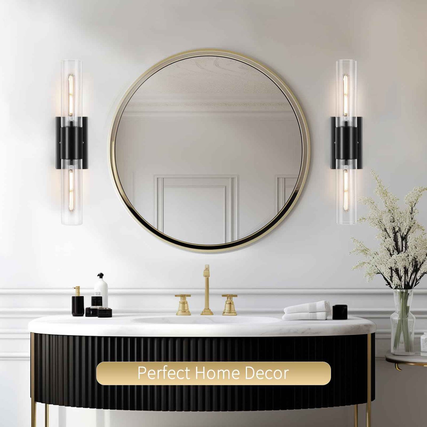Bathroom Wall Sconces Set of Two Black , 21" Modern 2-Light Vanity Light Tube Wall Sconce, Clear Glass Indoor Hardwired Mounted Lamps for Living Room,Bedroom,Hallway-Black Clear (Bulb Not Included)