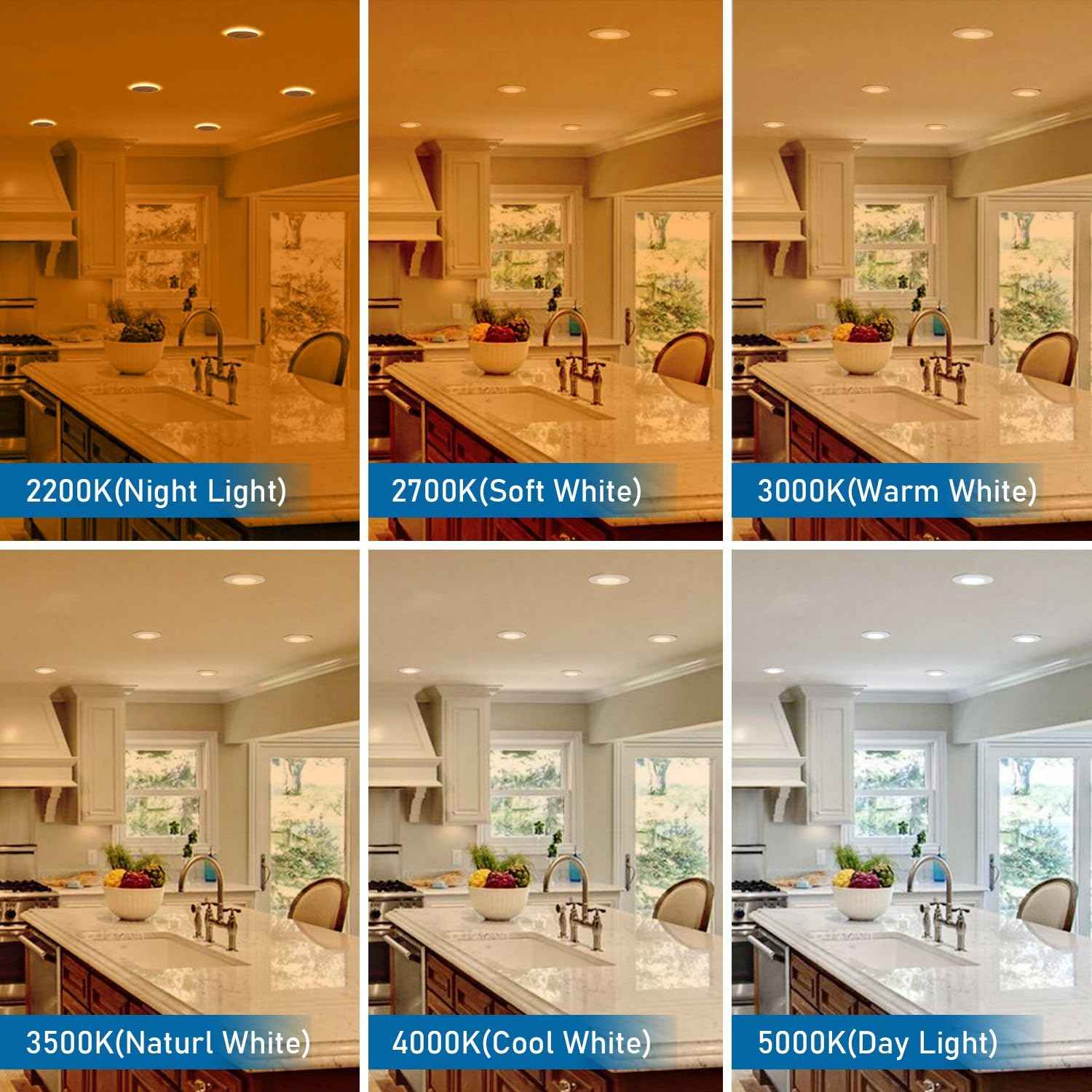 Jolux 5/6 Inch LED Recessed Lighting with Night Light,2700K/3000K/3500K/4000K/5000K Selectable Retrofit Downlight,12W=60W,800LM,Dimmable Can Lights, Damp Rated,Simple Installation,6-Pack