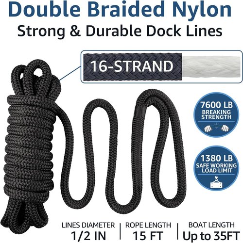 Boat Dock Lines - Premium 1/2" x 15' Double Braided Nylon Ropes for Easy Docking | 4 Pack, Black