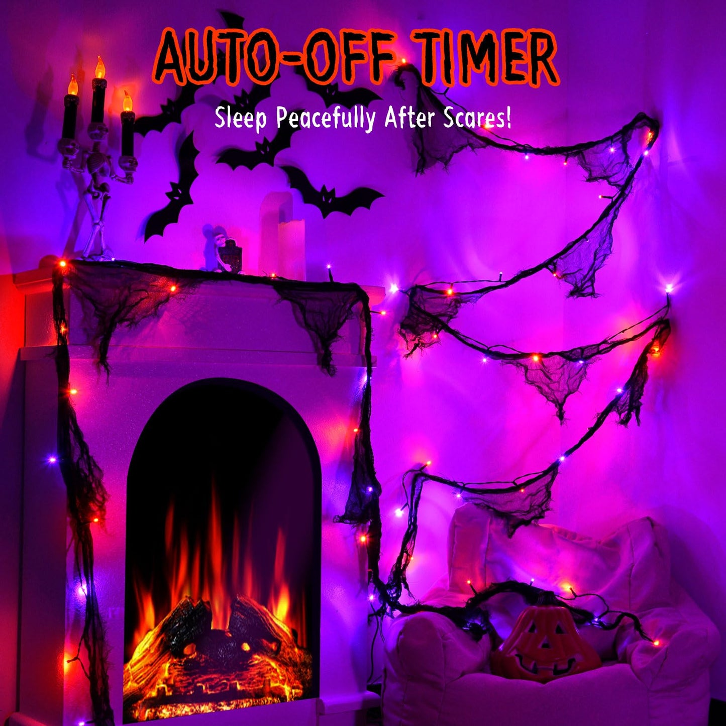 cshare Halloween Lights Battery Operated or USB, Creepy Cloth String Lights with Timer Waterproof 9.8ft 30LED Orange and Purple String Lights Halloween Decortions for Fireplace Window Door Mirror