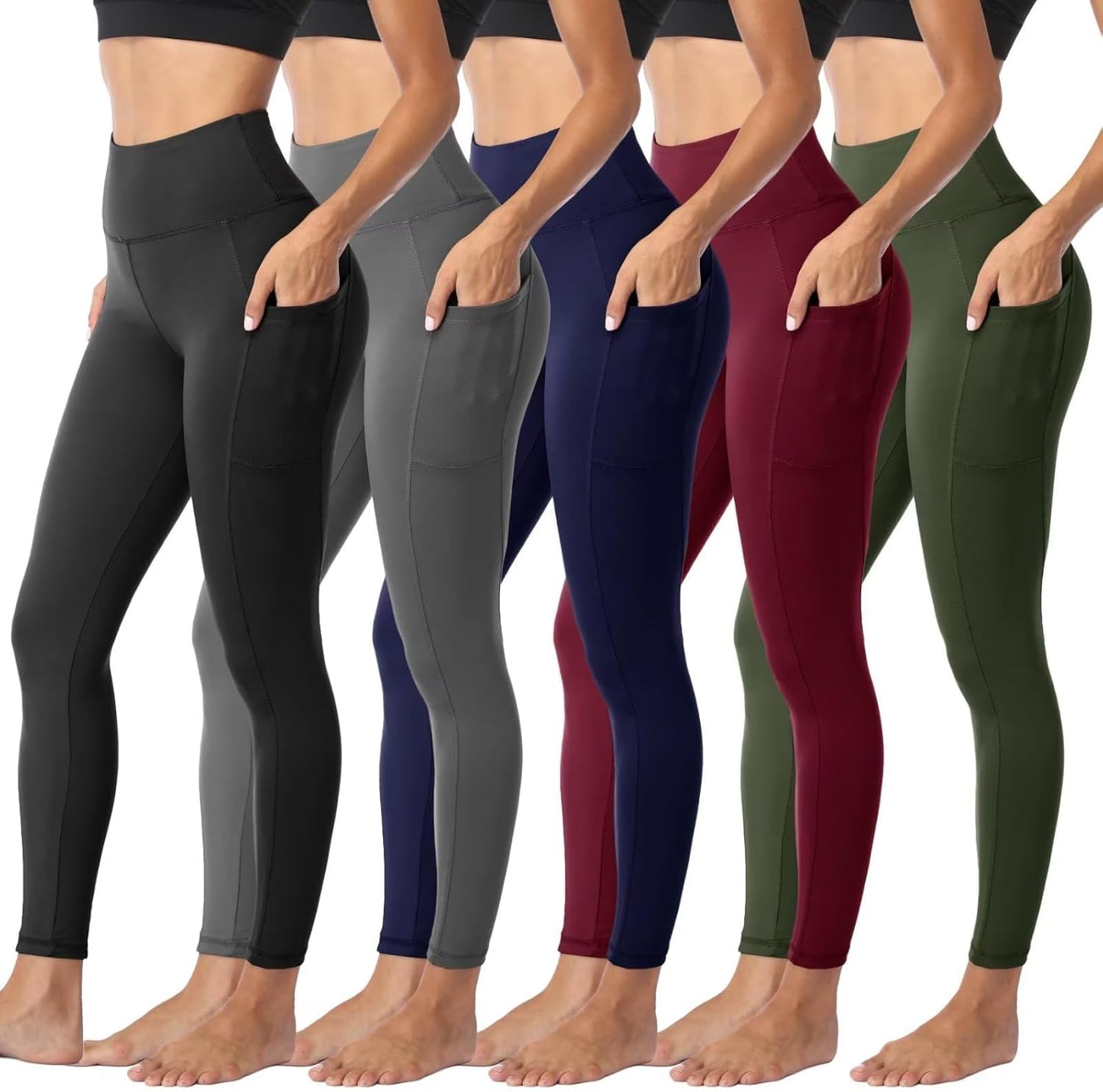 Sundwudu Leggings for Women - High Waisted Tummy Control | 5 Pack Soft Black Workout Pants
