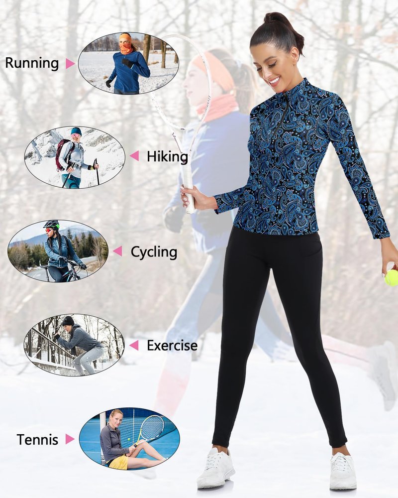 Women's 1/4 Zip Pullover Long Sleeve Athletic Shirt Collared Running Top Quick Dry Tennis T-Shirt (Blue Paisley-054,Large)