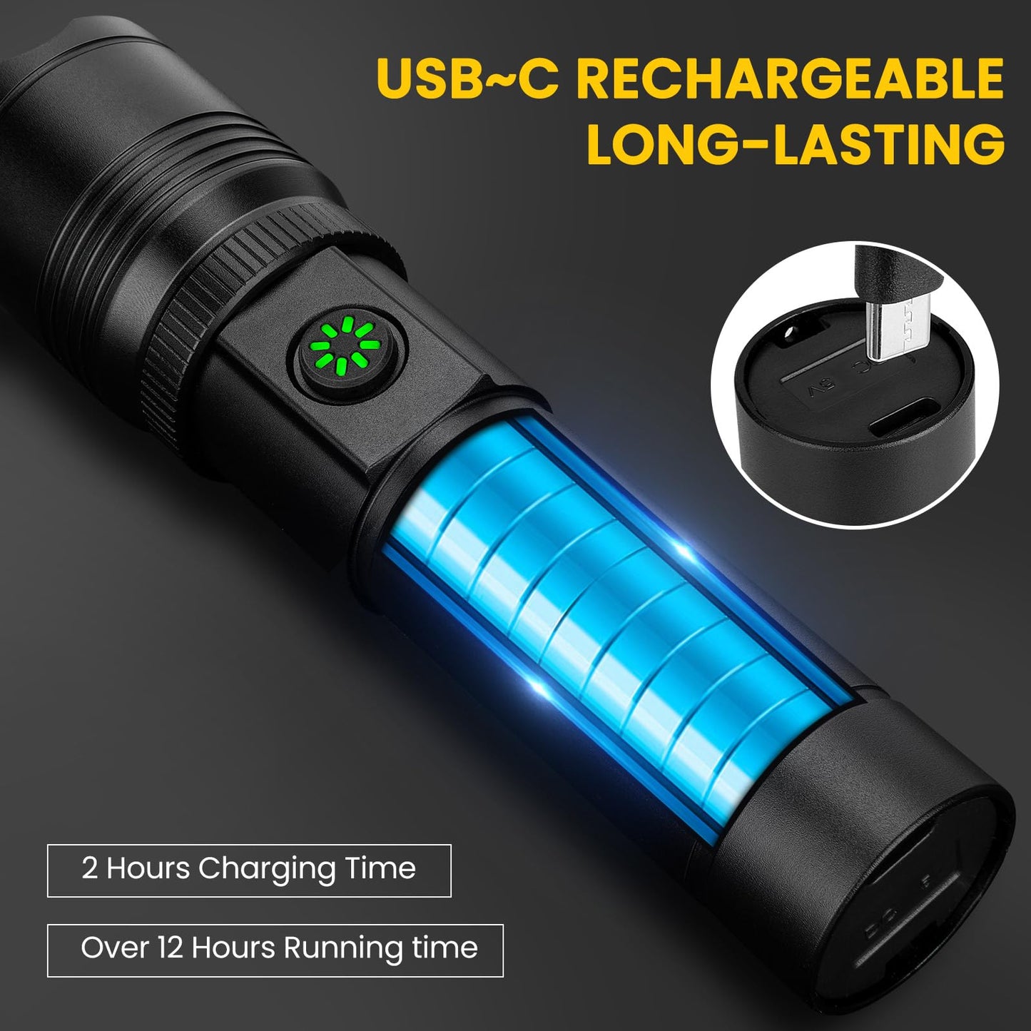 azamine Rechargeable Flashlights High Lumens, 99000LM Super Bright Flash Light with 6 Modes, Adjustable Powerful Handheld LED Flashlight for Home Camping