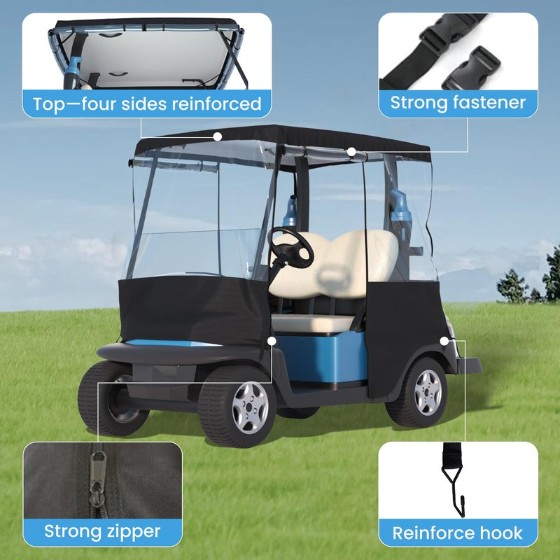 Santiano Golf Cart Cover 2 Passenger - 900D Waterproof Driving Enclosure with 0.5mm Clear PVC, Windproof Rain Protection for EZGO TXT/RXV & Club Car Precedent (Fits Roof up to 58")