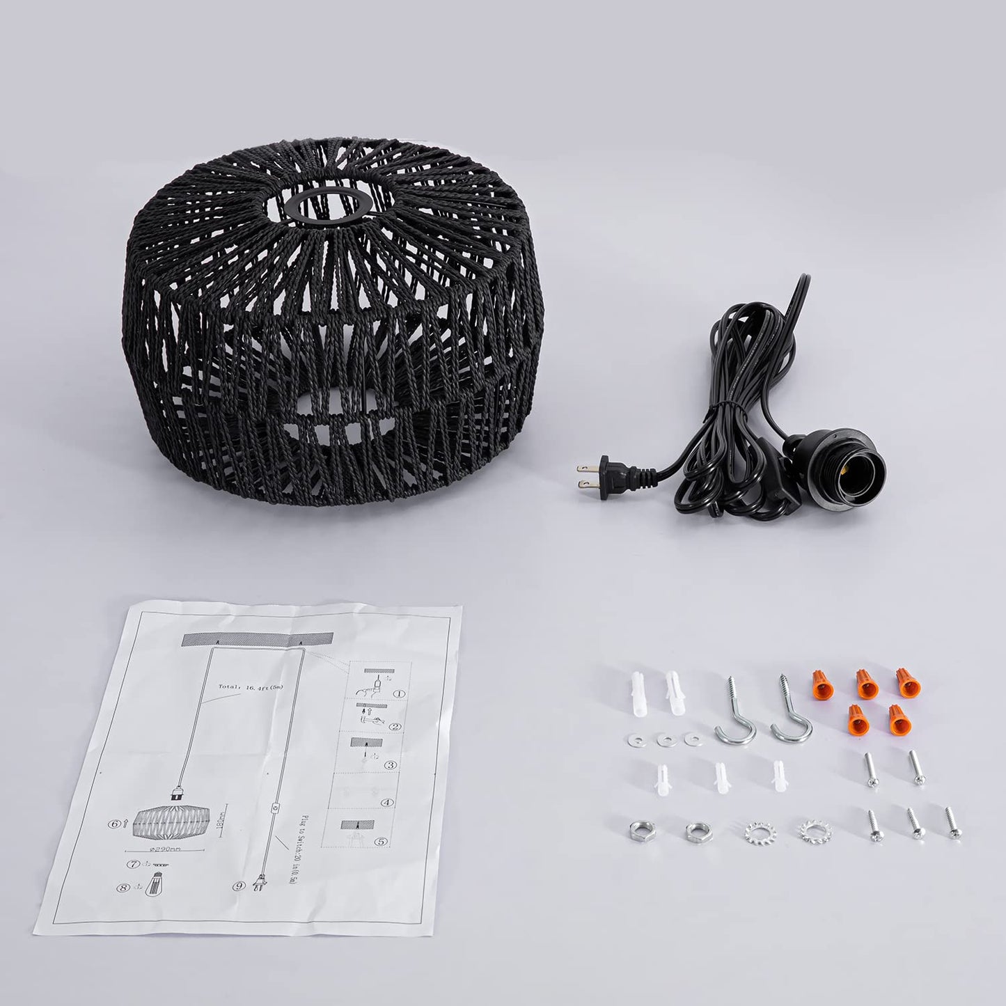 YongMing CL 11.42’’ Black Woven Plug in Pendant Light Fixture, Rustic Round Ceiling Hanging Light with Plug in Cord & On/Off Switch for Entry Bedroom Kitchen Island Living Dining Room Foyer