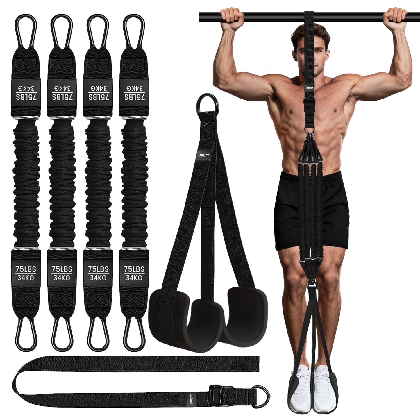 TB3C Pull Up Assistance Bands, Adjustable Heavy Duty Resistance Band for Pull Up Bar with 4 Assist Bands, Dual Footrests, Resistance Bands for Ｗorking Out, Strength Training, Home Gym(Black)