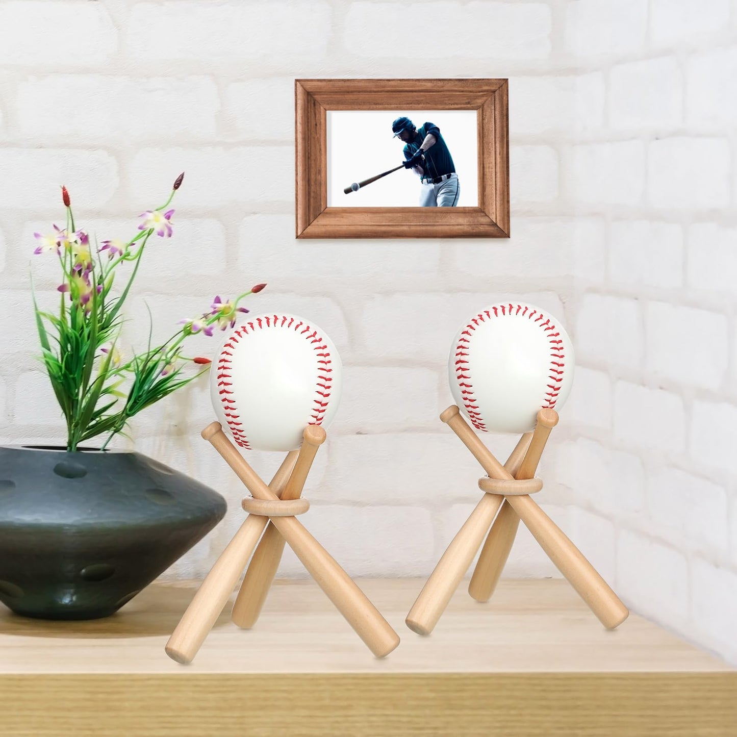 Mudder Baseball Display Stand Holders Bat Racks Wooden Balls Display Cases Bulk Baseball Centerpieces for Sports Theme Birthday Party Decorations Sports Lover Gifts(Light Brown,3 Pack)