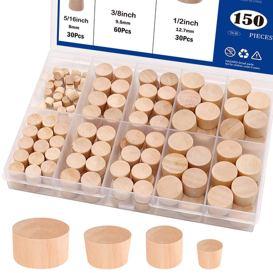 Tnisesm 150 Pieces 4 Sizes Wood Plugs 3/16 Inch, 5/16 Inch, 3/8 Inch, 1/2 Inch Wooden Hole Plugs Button Plugs Hardwood Hole Plugs for Holes in Locking Hole Tube Furniture