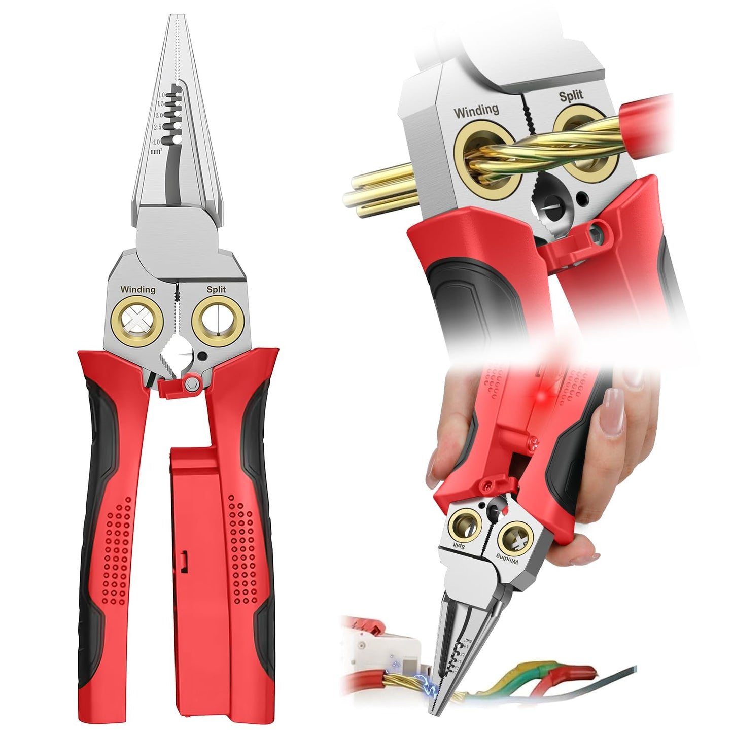 GADO Pro 8-in-1 Wire Crimper Stripper with Voltage Detector & Dual Alarms - Heavy Duty 12-250V AC/DC Tester for Hot/Neutral Wires - Electrician, HVAC, Car Repair Tool (Red)